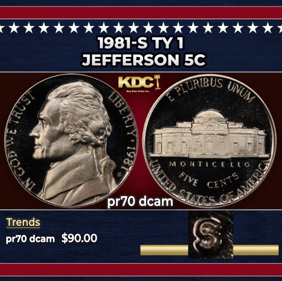 1981-s Ty 1 Proof Jefferson Nickel 5c pr70 dcam SEGS