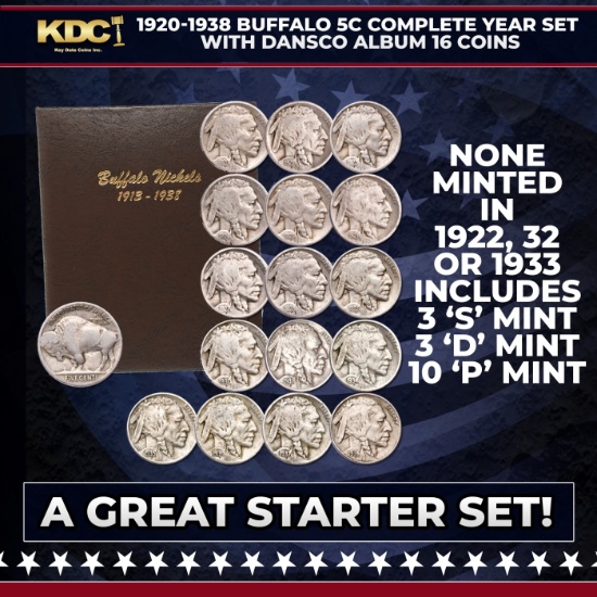 1920-1938 Buffalo Nickel Complete Year Set with Dansco Album 16 Coins, A Great Starter Set!