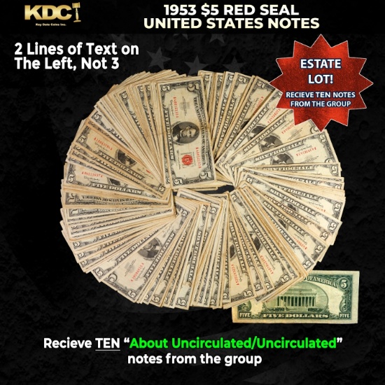 10x 1953 $5 Red Seal United States Note Grades AU/CU