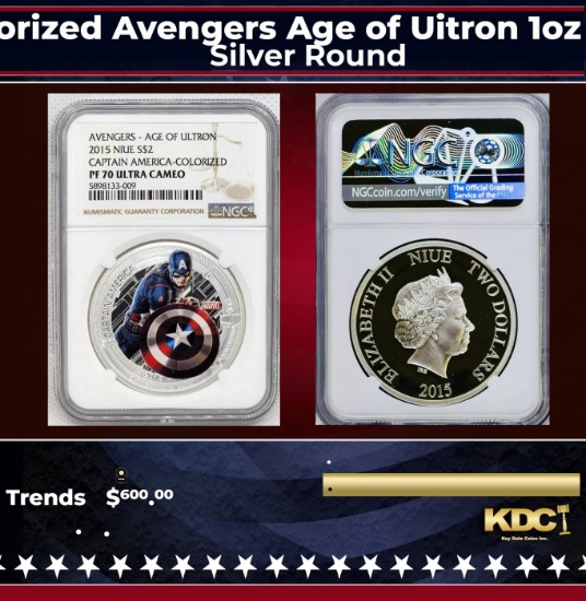 NGC NGC 2015 Marvel Captin America Colorized Avengers Age of Uitron 1oz .999 Silver $2  Niue Commera