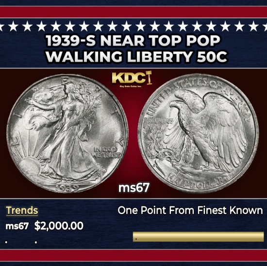 1939-s Walking Liberty Half Dollar Near Top Pop 50c ms67 SEGS