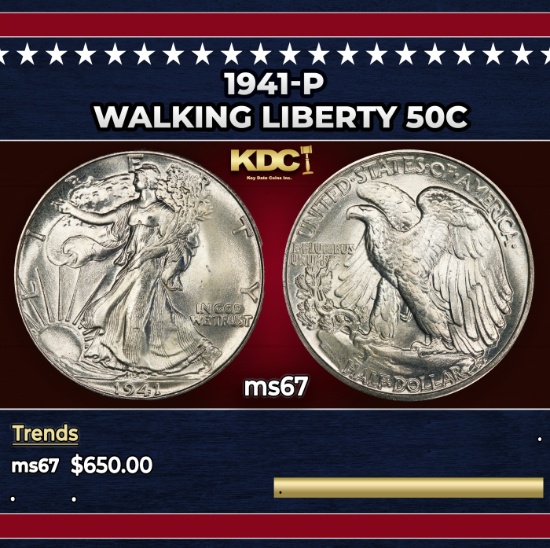 1941-p Walking Liberty Half Dollar 50c ms67 SEGS