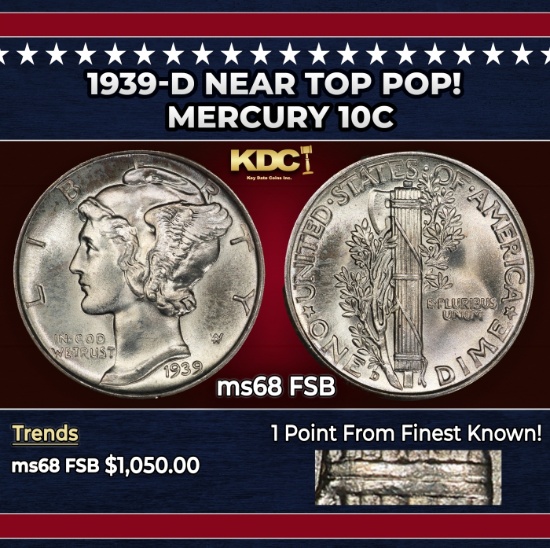 1939-d Mercury Dime Near Top Pop! 10c ms68 FSB SEGS