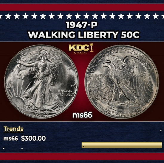 1947-p Walking Liberty Half Dollar 50c Grades ms66
