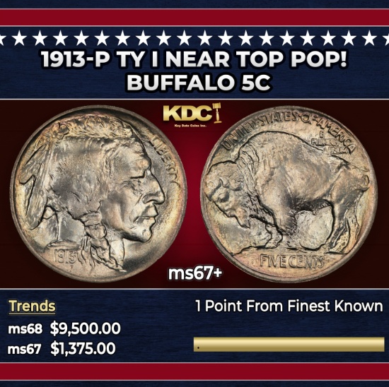 1913-p Ty I Buffalo Nickel Near Top Pop! 5c ms67+ SEGS