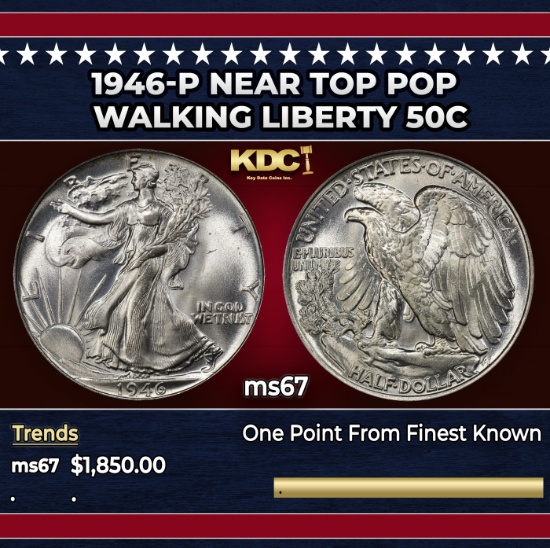 1946-p Walking Liberty Half Dollar Near Top Pop 50c ms67 SEGS