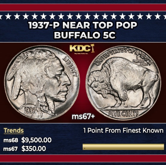 1937-p Buffalo Nickel Near Top Pop 5c ms67+ SEGS