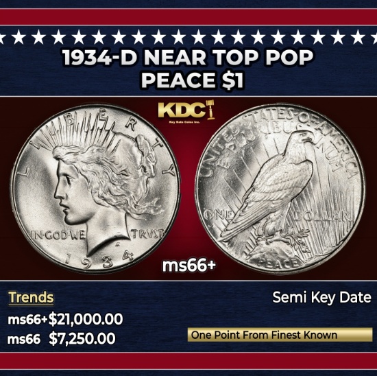 1934-d Peace Dollar Near Top Pop $1 ms66+ SEGS