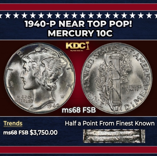 1940-p Mercury Dime Near Top Pop! 10c ms68 FSB SEGS