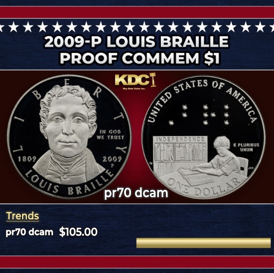 2009-P Louis Braille Proof Modern Commem Dollar $1 pr70 dcam SEGS