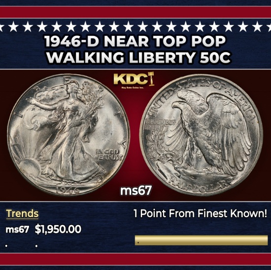 1946-d Walking Liberty Half Dollar Near Top Pop 50c ms67 SEGS
