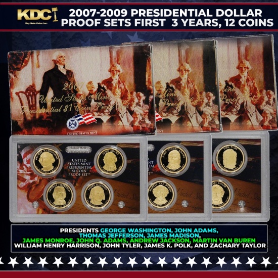 2007-2009 Presidential Dollar Proof Sets First  3 Years, 12 Coins In Original Government Packaging