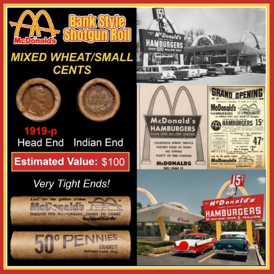 Lincoln Wheat Cent 1c Mixed Roll Orig Brandt McDonalds Wrapper, 1919-p end, Indian other end