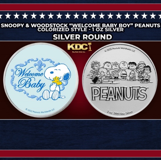 Snoopy & Woodstock "Welcome Baby Boy" Peanuts Colorized Style - 1 oz Silver Round Round