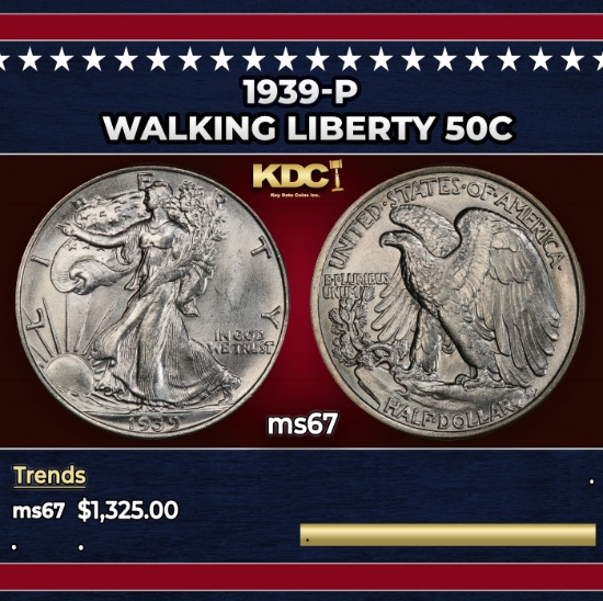 1939-p Walking Liberty Half Dollar 50c ms67 SEGS