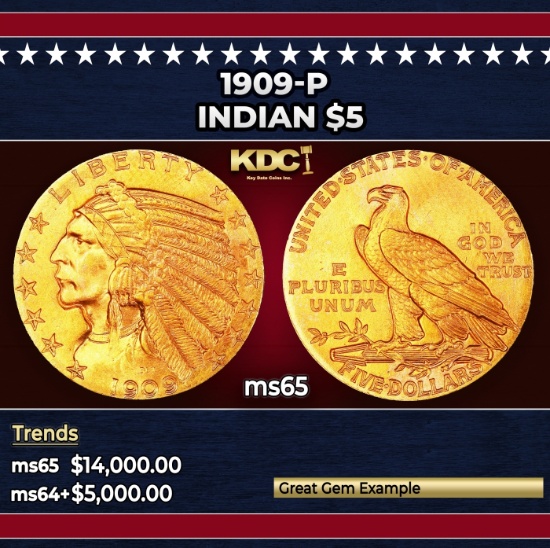 1909-p Gold Indian Half Eagle $5 ms65 USCG
