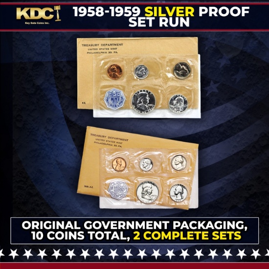 1958 & 1959 Silver Proof Sets 10 Coins In Original Government Packaging Manilla Envelope