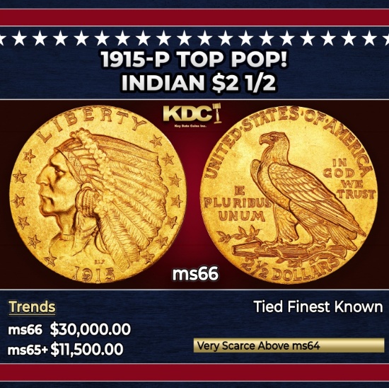 1915-p Gold Indian Quarter Eagle TOP POP! $2 1/2 ms66 USCG