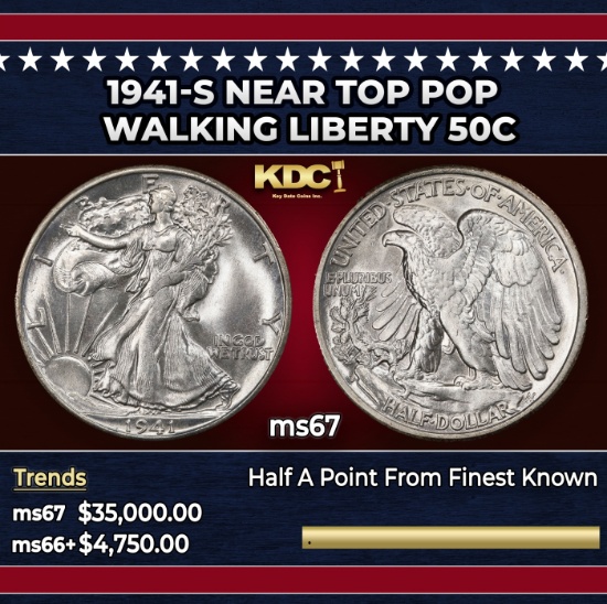 1941-s Walking Liberty Half Dollar Near Top Pop 50c ms67 SEGS