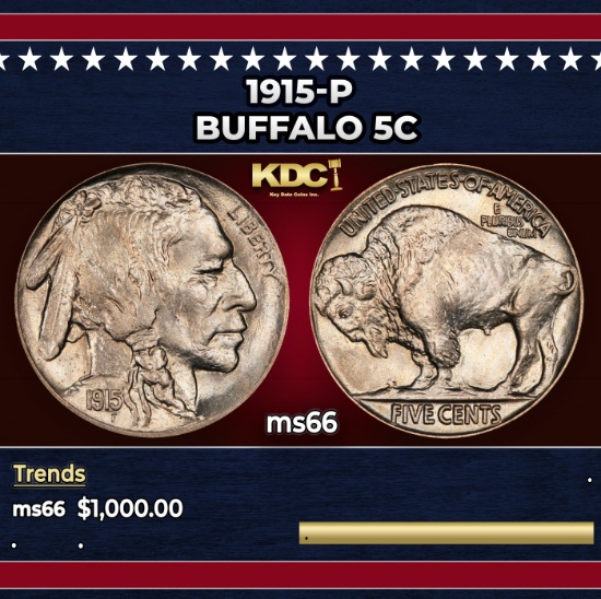 1915-p Buffalo Nickel 5c ms66 SEGS