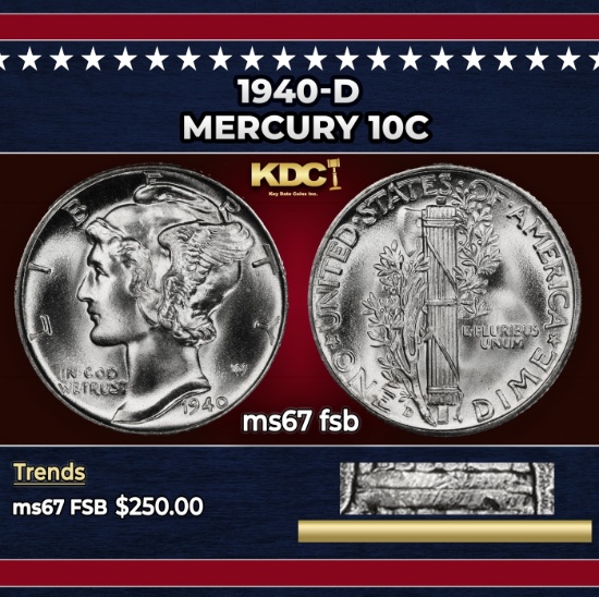 1940-d Mercury Dime 10c ms67 fsb SEGS