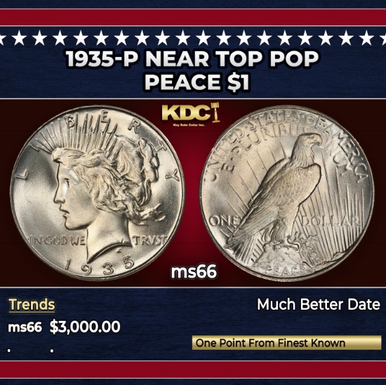 1935-p Peace Dollar Near Top Pop $1 ms66 SEGS