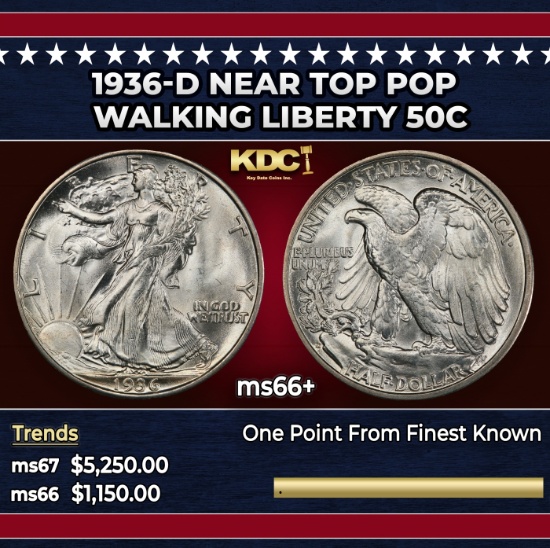 1936-d Walking Liberty Half Dollar Near Top Pop 50c ms66+ SEGS