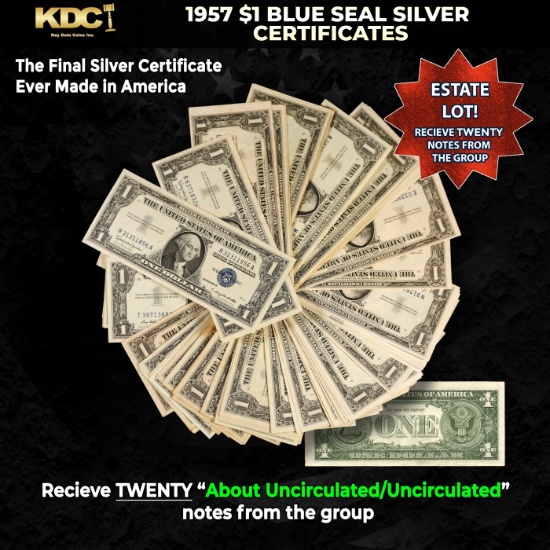20x 1957 $1 Blue Seal Silver Certificates Grades AU/CU