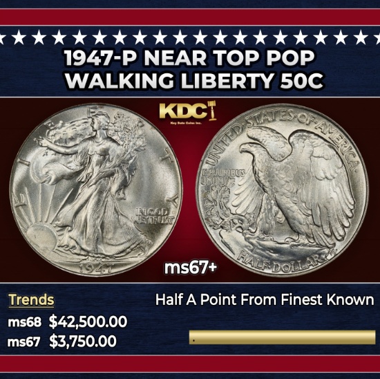 1947-p Walking Liberty Half Dollar Near Top Pop 50c ms67+ SEGS