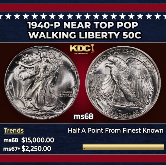 1940-p Walking Liberty Half Dollar Near Top Pop 50c ms68 SEGS