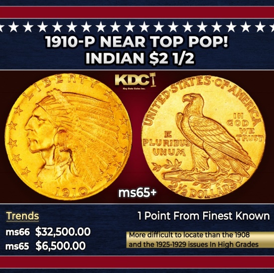 1910-p Gold Indian Quarter Eagle Near Top Pop! $2 1/2 ms65+ SEGS