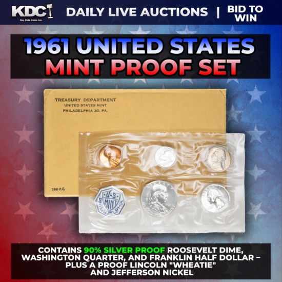 1961 United States Mint Silver Proof Set In Original Goventment Packaging, 5 Coins - Manilla Envelop