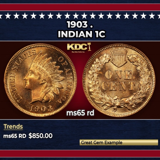 1903 Indian Cent . 1c Grades ms65 rd