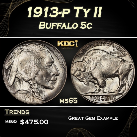 1913-p Ty II Buffalo Nickel 5c Grades ms65