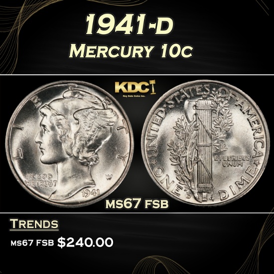 1941-d Mercury Dime 10c ms67 fsb SEGS