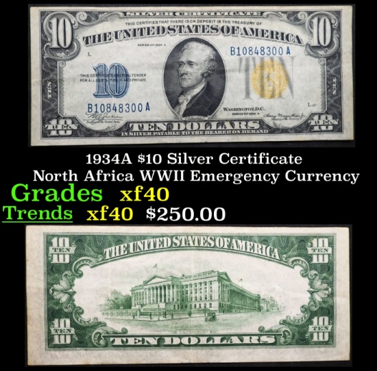 1934A $10 Silver Certificate North Africa WWII Emergency Currency Grades xf