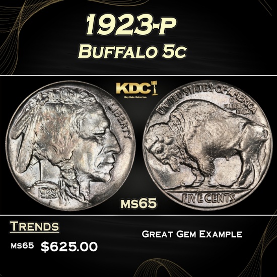1923-p Buffalo Nickel 5c Grades ms65