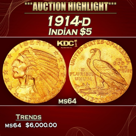 1914-d Gold Indian Half Eagle $5 ms64 USCG