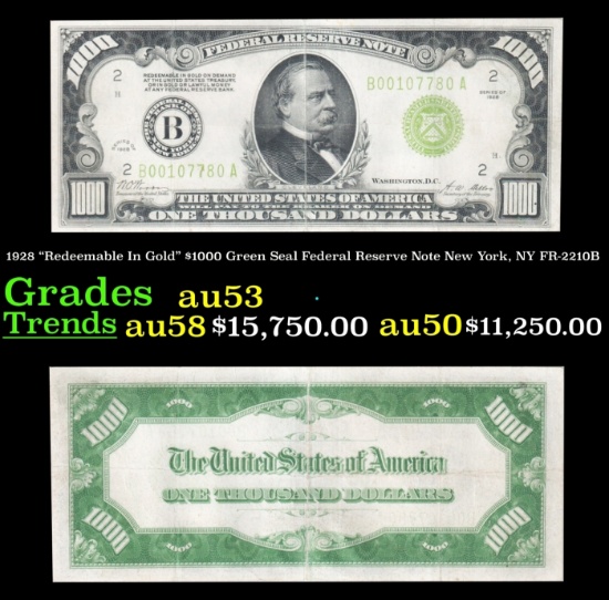1928 $1000 Green Seal Federal Reserve Note "Redeemable In Gold" New York, NY Grades Select AU FR-221