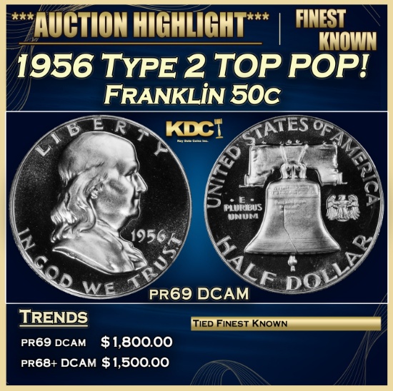 1956 Type 2 Proof Franklin Half Dollar TOP POP! 50c pr69 DCAM SEGS