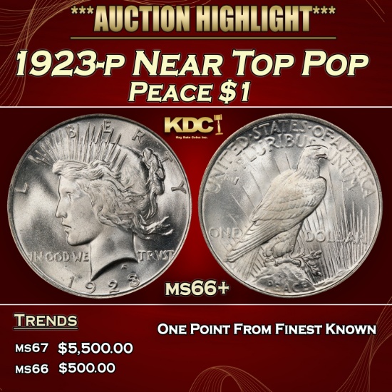 1923-p Peace Dollar Near Top Pop $1 ms66+ SEGS