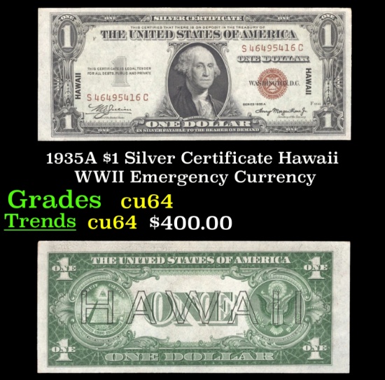 1935A $1 Silver Certificate Hawaii WWII Emergency Currency Grades Choice CU
