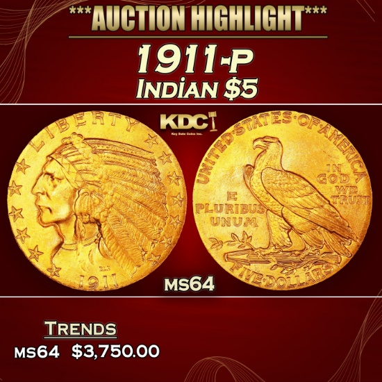 1911-p Gold Indian Half Eagle $5 ms64 USCG