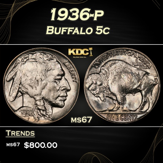 1936-p Buffalo Nickel 5c ms67 SEGS