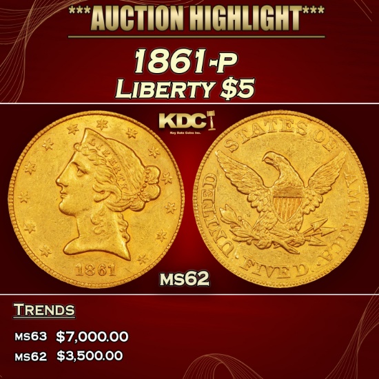 1861-p Gold Liberty Half Eagle $5 ms62 USCG