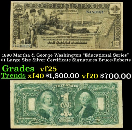 1896 $1 large size Silver Certificate Martha & George Washington "Educational Series" Grades vf+ Sig