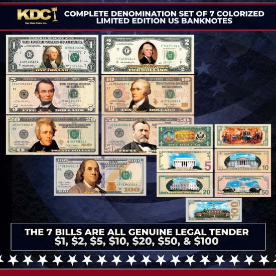 Complete Denomination Set of 7 Colorized 2-Sided US Banknotes ($1 to $100) The Bills Are Real Grades