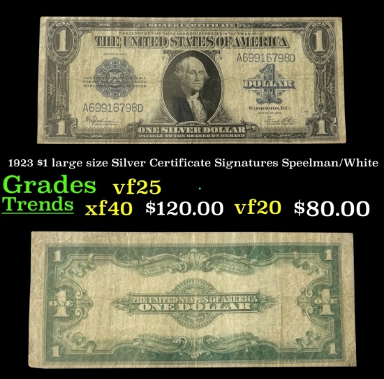 1923 $1 large size Silver Certificate Grades vf+ Signatures Speelman/White
