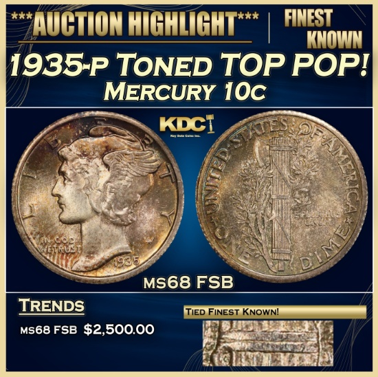 1935-p Mercury Dime Toned TOP POP! 10c ms68 FSB SEGS