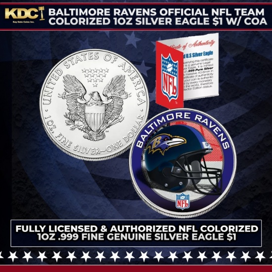 Baltimore Ravens Official NFL Team Colorized 1oz Silver Eagle $1 w/ COA Grades Other Toy